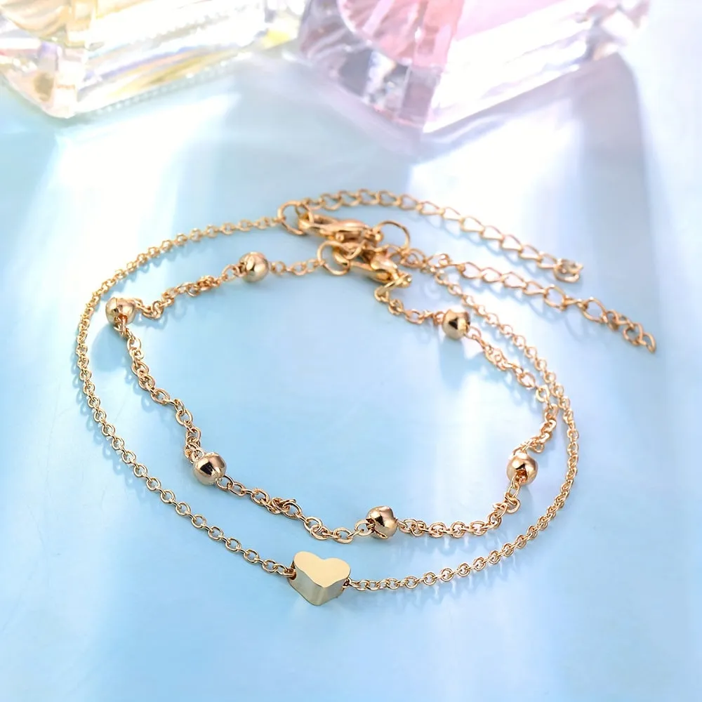 Minimalist Heart Anklet Set for Women  2 Pack