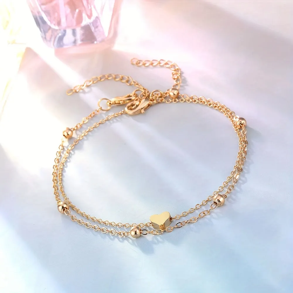 Minimalist Heart Anklet Set for Women  2 Pack