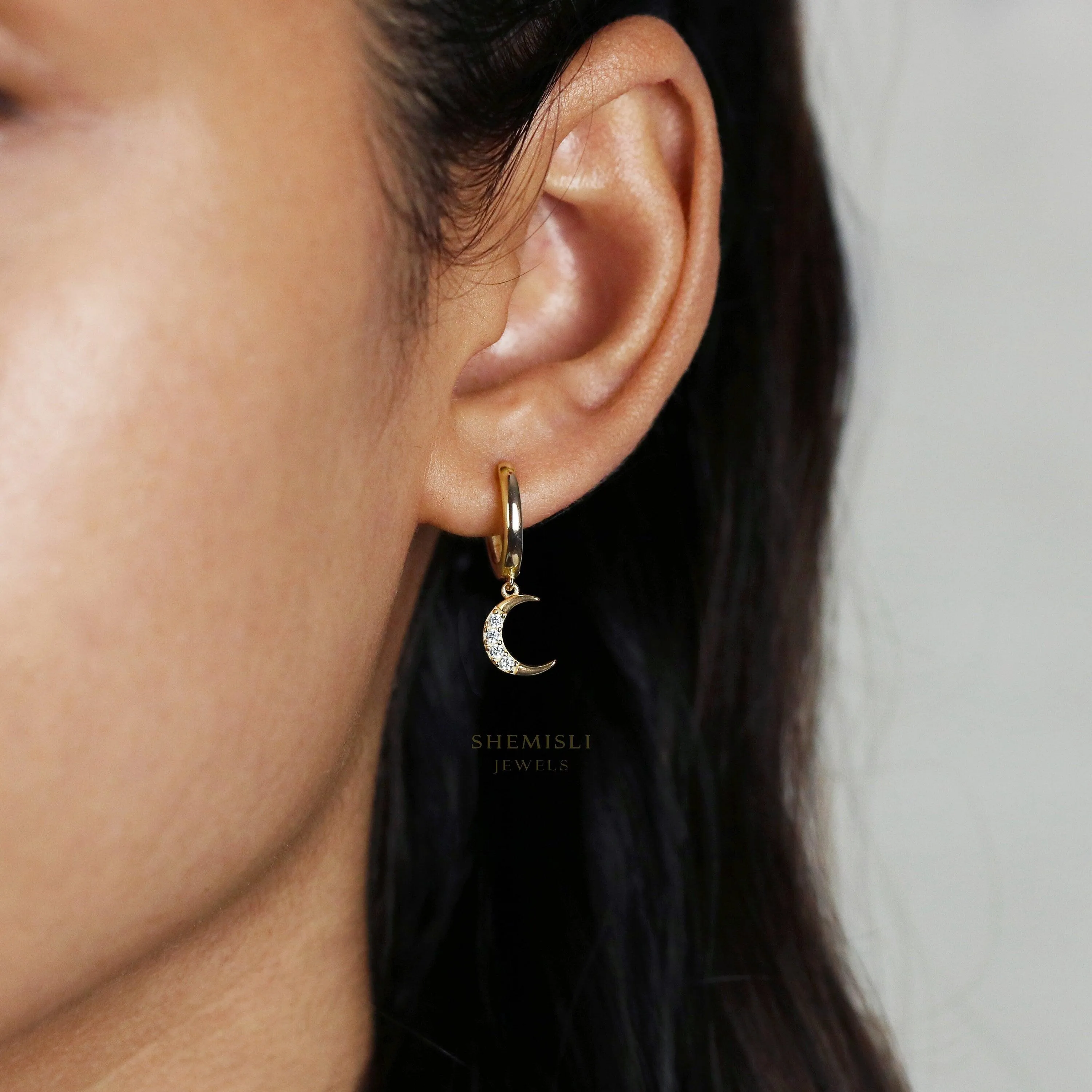 Mismatched Star Moon CZ Drop Hoop Earrings, Huggies, Gold, Silver SHEMISLI SH111
