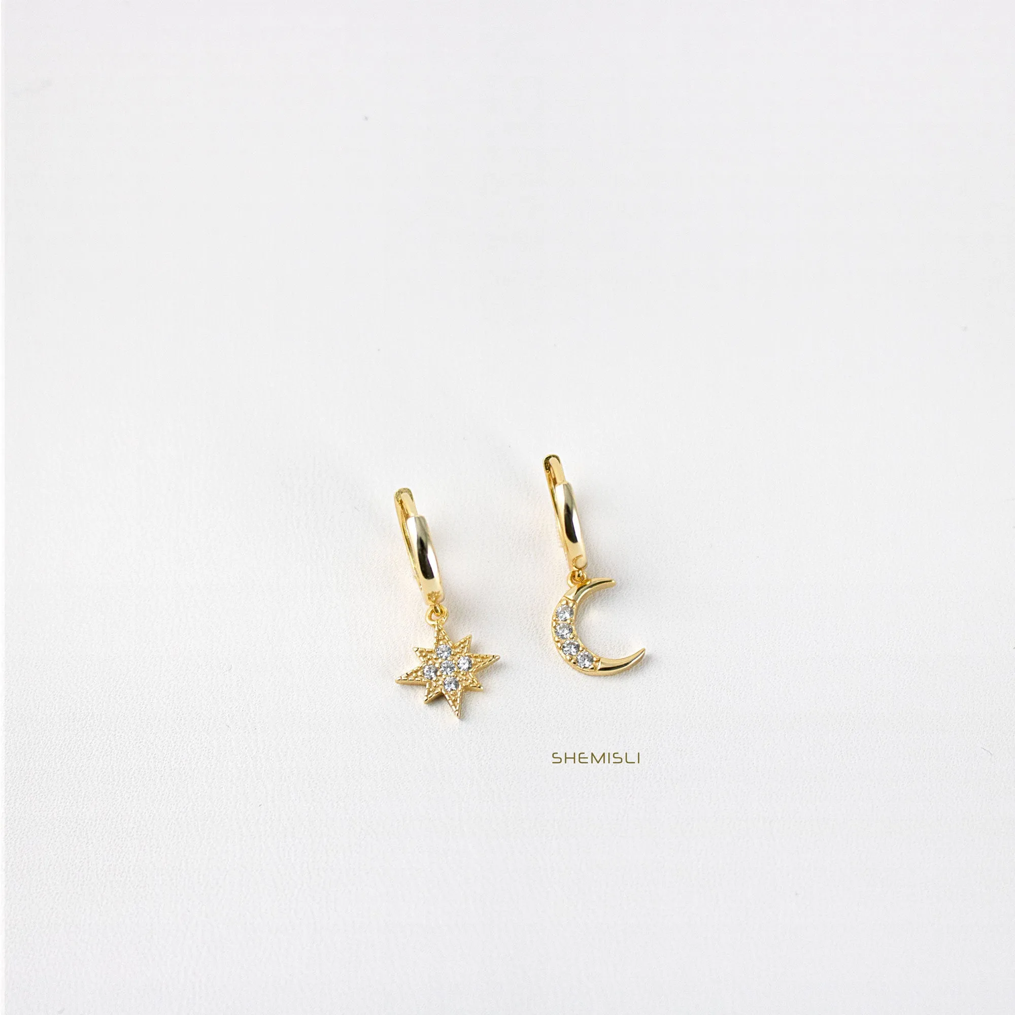 Mismatched Star Moon CZ Drop Hoop Earrings, Huggies, Gold, Silver SHEMISLI SH111