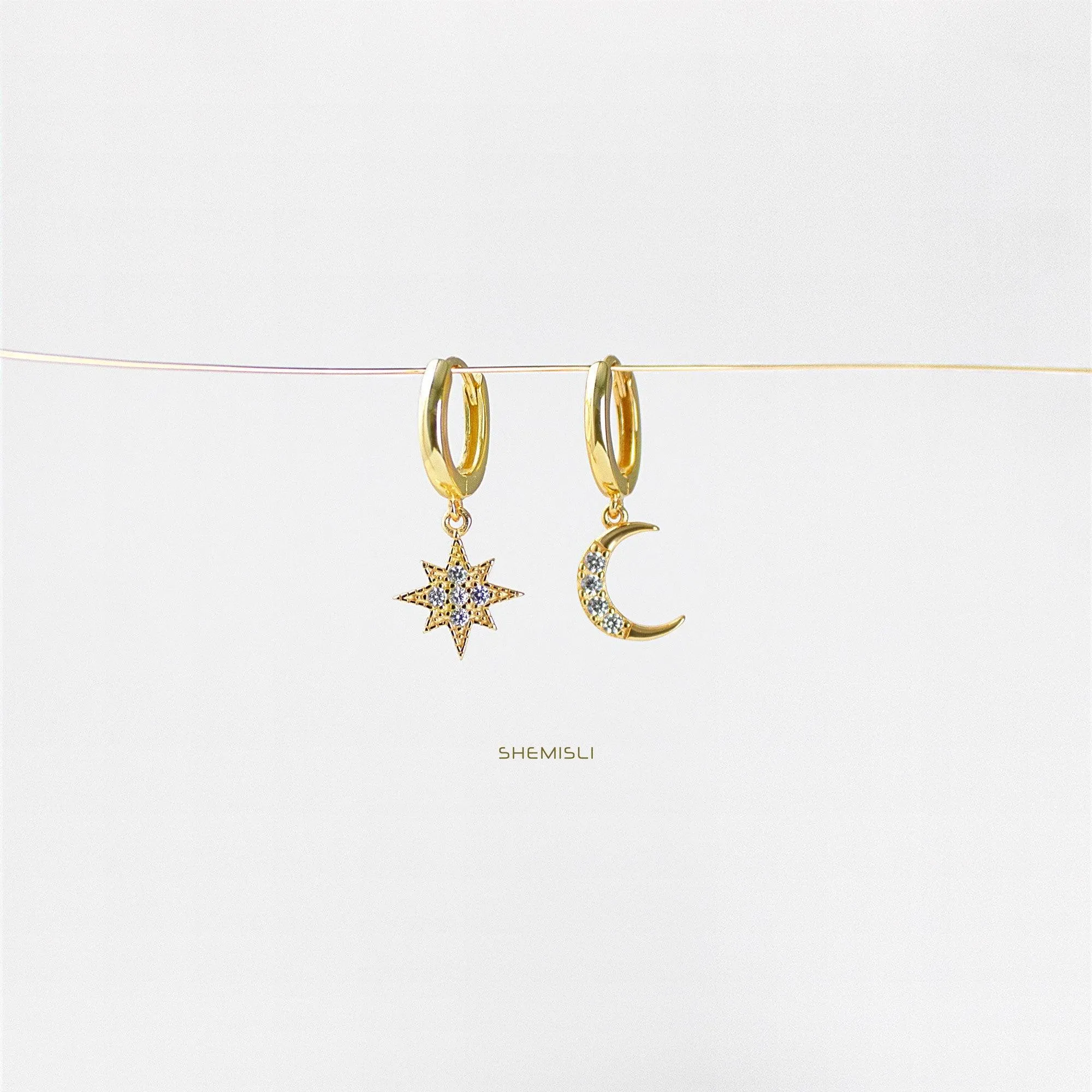 Mismatched Star Moon CZ Drop Hoop Earrings, Huggies, Gold, Silver SHEMISLI SH111