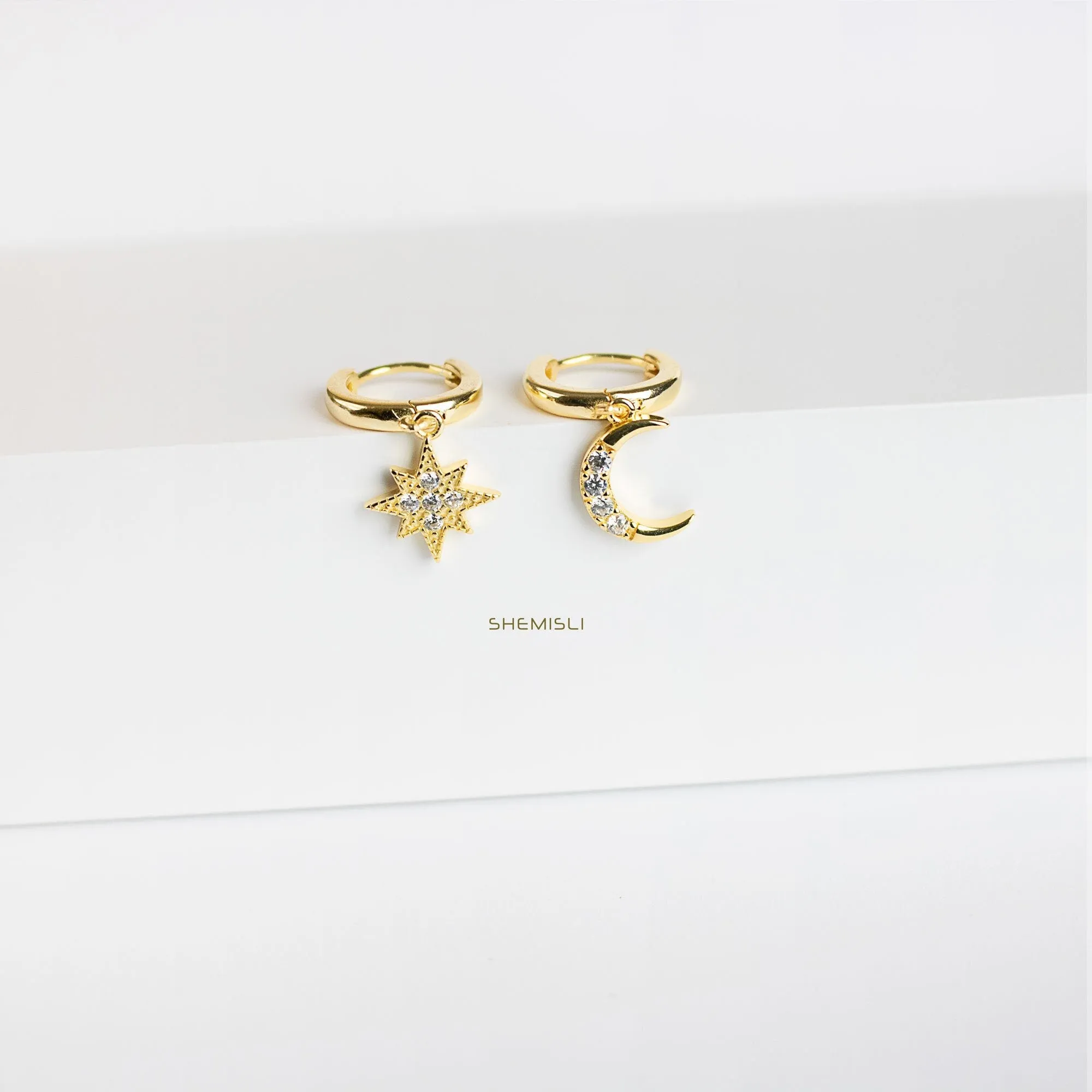 Mismatched Star Moon CZ Drop Hoop Earrings, Huggies, Gold, Silver SHEMISLI SH111