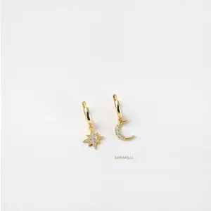 Mismatched Star Moon CZ Drop Hoop Earrings, Huggies, Gold, Silver SHEMISLI SH111