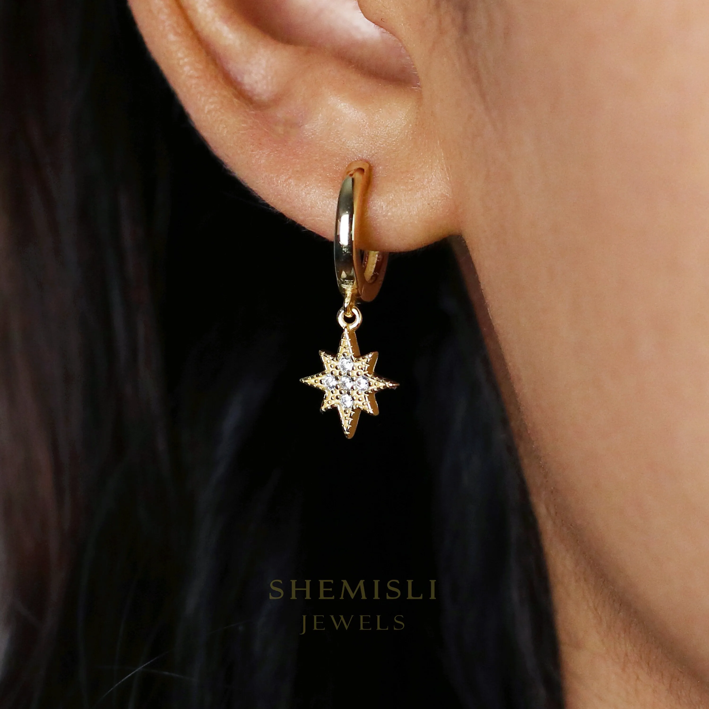Mismatched Star Moon CZ Drop Hoop Earrings, Huggies, Gold, Silver SHEMISLI SH111