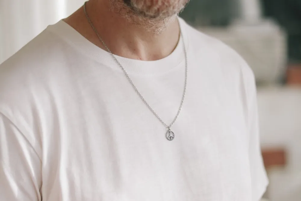 Peace necklace for men, chain necklace with silver tone stainless steel peace pendant, gift for him