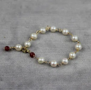 Pearl & Ruby Tin Cup Bracelet | AA 7mm Natural White Semi-Round Freshwater Cultured