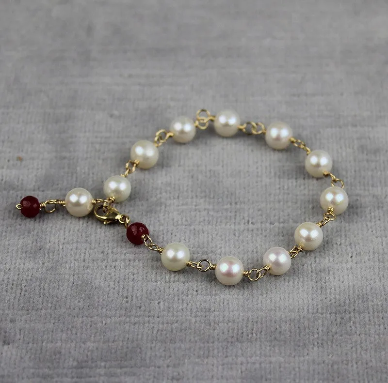 Pearl & Ruby Tin Cup Bracelet | AA 7mm Natural White Semi-Round Freshwater Cultured