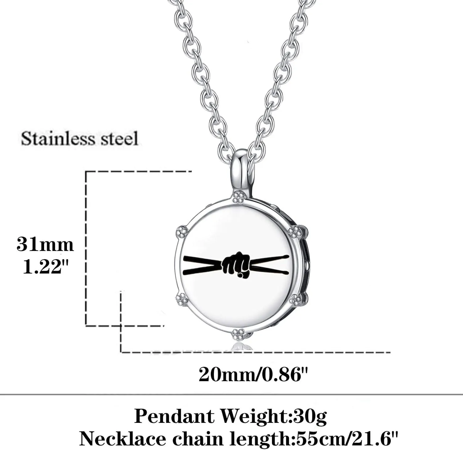 Rock Drum Necklace for Men's Drummer Gifts Stainless Steel Music Drumstick Pendant Jewelry