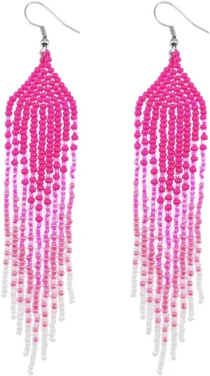 Saminyack Long Beaded Tassel Earrings, Boho Native Beaded Fringe Dangle Earrings, Bohemian Handmade Seed Bead Chandelier Drop Earrings for Women