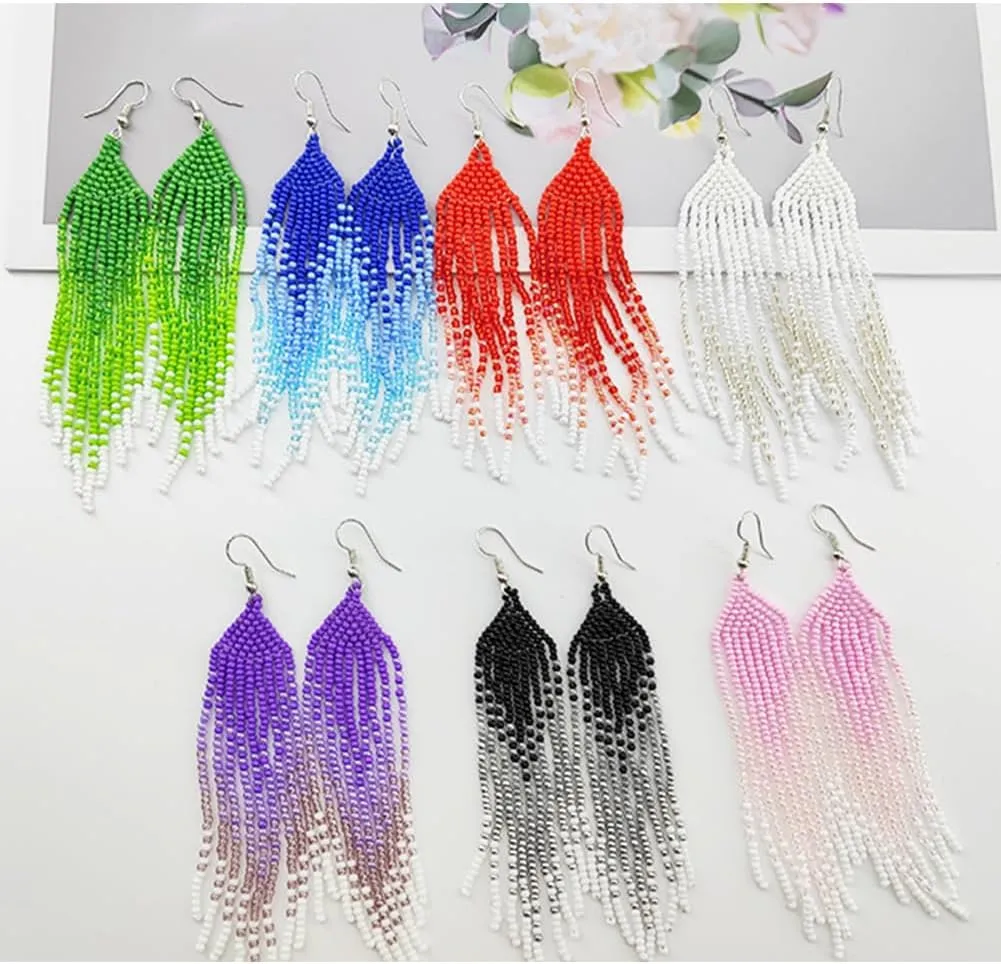 Saminyack Long Beaded Tassel Earrings, Boho Native Beaded Fringe Dangle Earrings, Bohemian Handmade Seed Bead Chandelier Drop Earrings for Women
