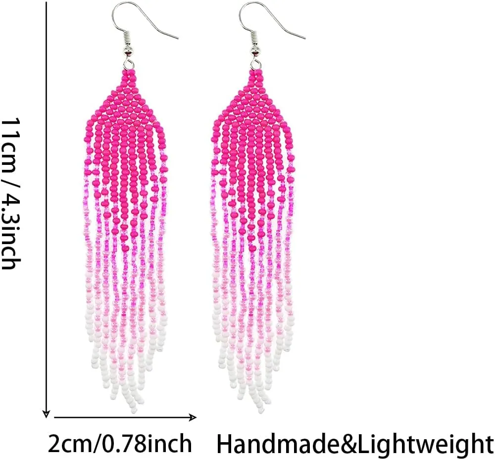 Saminyack Long Beaded Tassel Earrings, Boho Native Beaded Fringe Dangle Earrings, Bohemian Handmade Seed Bead Chandelier Drop Earrings for Women
