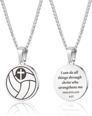 Sports Athletes Necklace with Inspiring Bible, Stainless Steel Cross Pendant Chain with Phil 4:13 Baseball Basketball Football Hockey Soccer Volleyball Pendant Jewelry Gifts for Men