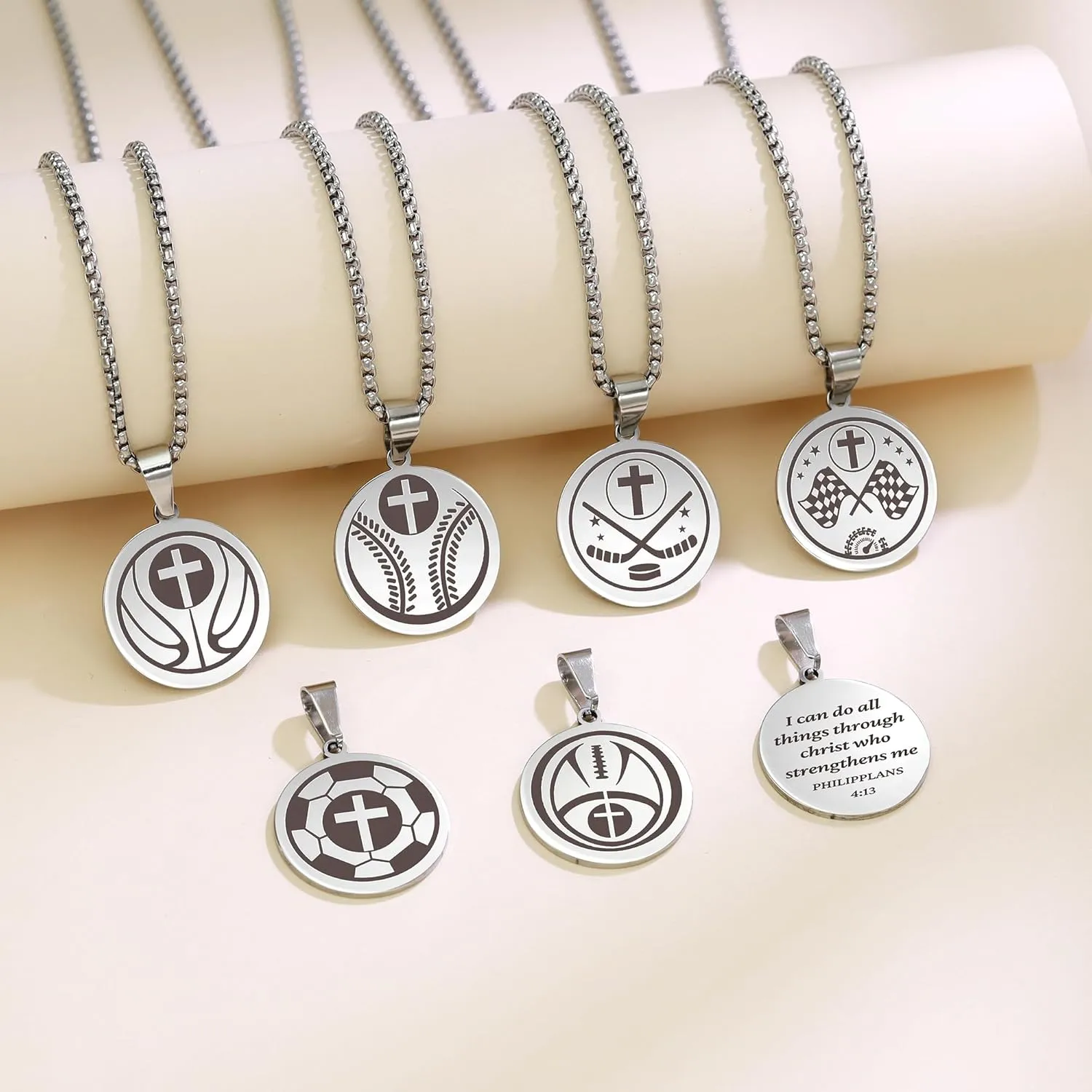 Sports Athletes Necklace with Inspiring Bible, Stainless Steel Cross Pendant Chain with Phil 4:13 Baseball Basketball Football Hockey Soccer Volleyball Pendant Jewelry Gifts for Men