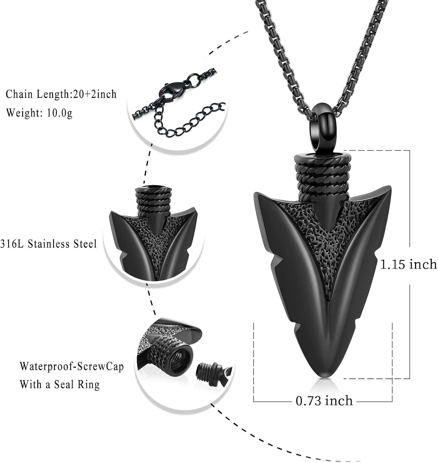 Stainless Steel Urn Necklace for Men - Arrowhead Memorial Pendant Cremation Ash Jewelry Bereavement Keepsakes Gift for Loss of a Loved One