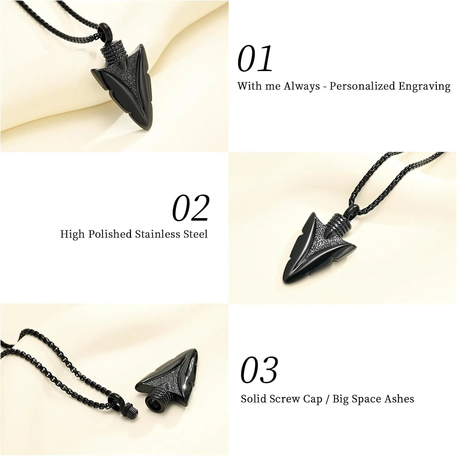 Stainless Steel Urn Necklace for Men - Arrowhead Memorial Pendant Cremation Ash Jewelry Bereavement Keepsakes Gift for Loss of a Loved One