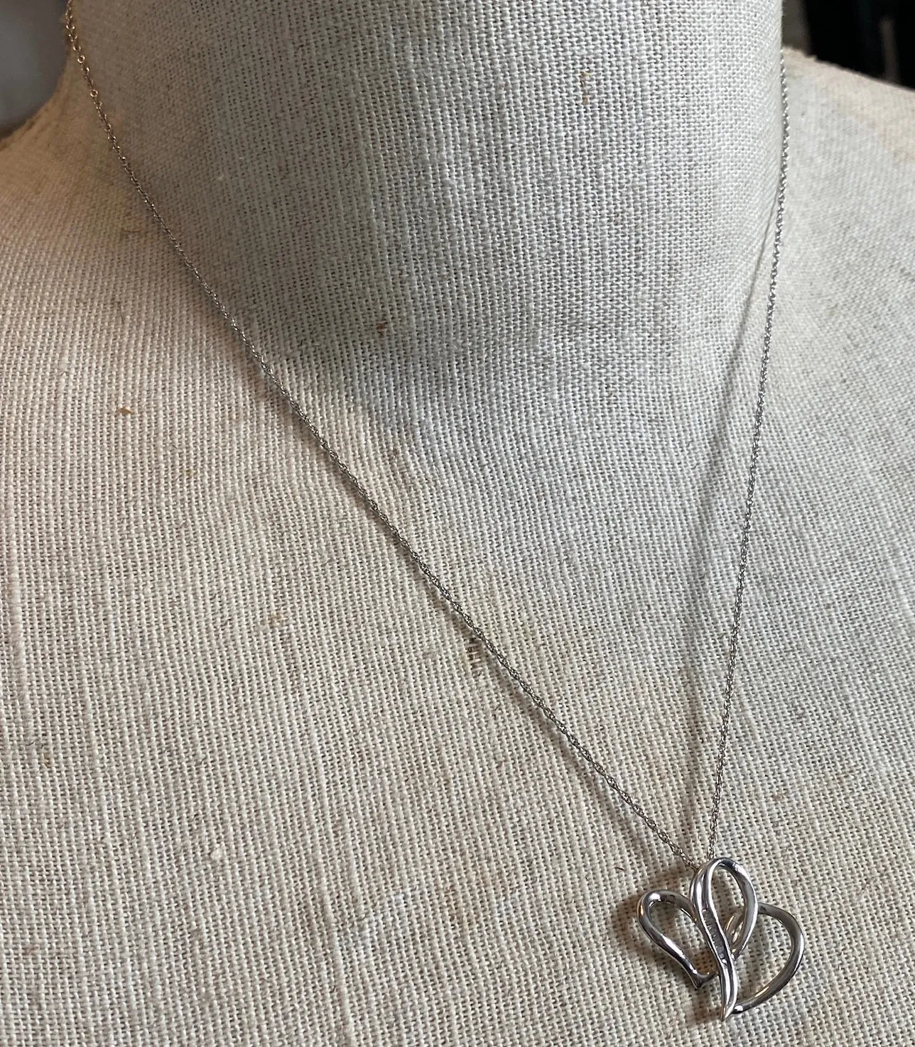 Sterling Silver Chain Double Heart Baguette Diamond Pendant Necklace