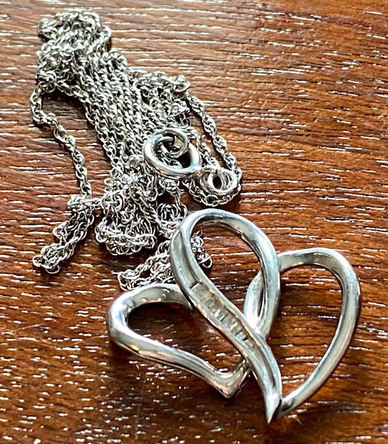 Sterling Silver Chain Double Heart Baguette Diamond Pendant Necklace