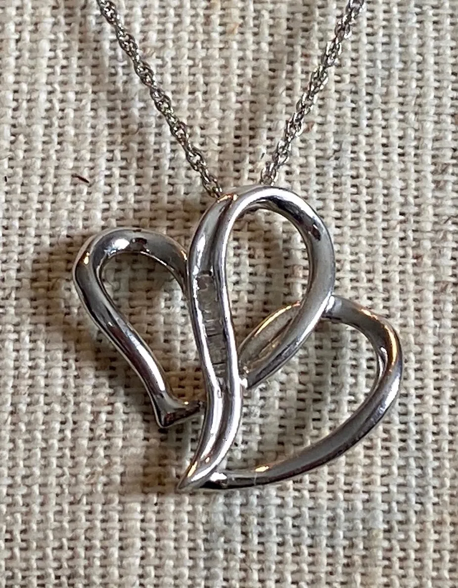Sterling Silver Chain Double Heart Baguette Diamond Pendant Necklace