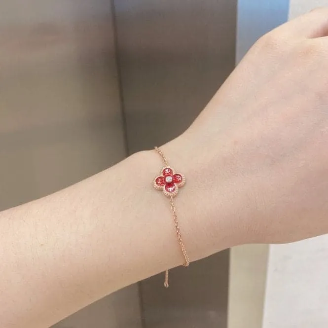 Sterling Silver Rose Gold Plated Red Lucky 4 Leaf Bracelet ERLB041