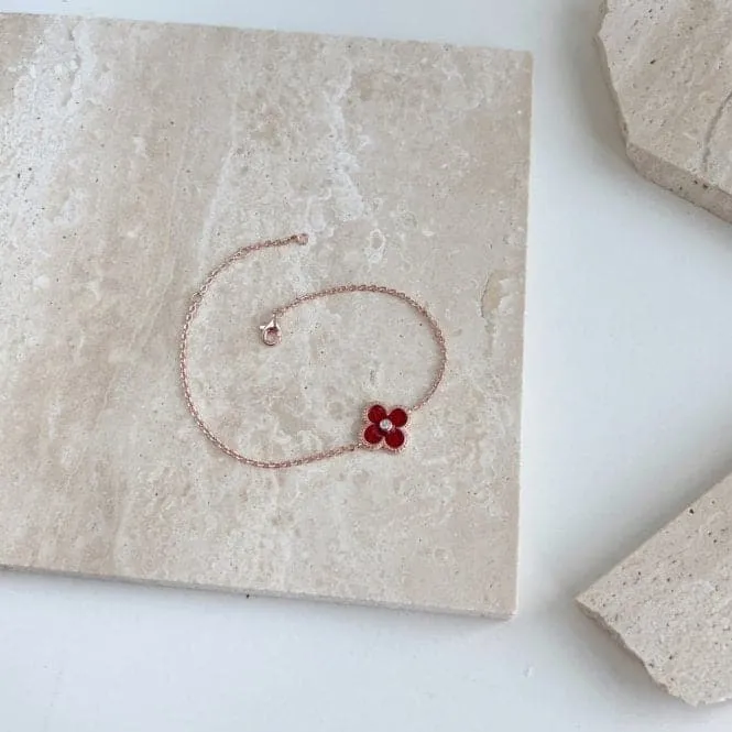Sterling Silver Rose Gold Plated Red Lucky 4 Leaf Bracelet ERLB041