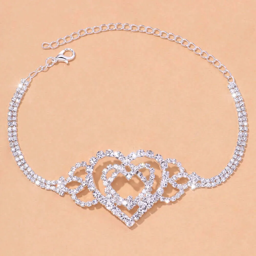 Stonefans Fashion Double Heart Anklet Rhinestone Chain Jewelry for Women Bling Love Foot Chain Anklet Bracelet Crystal Jewellery