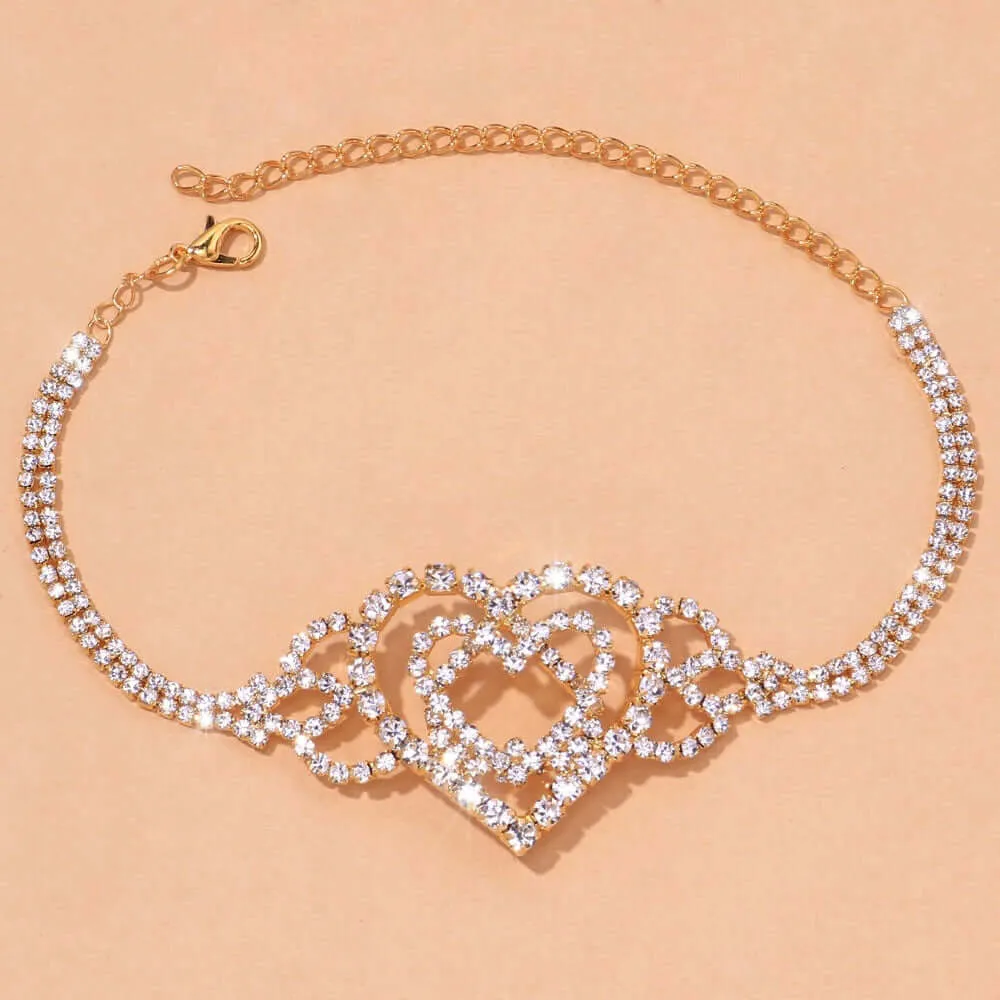Stonefans Fashion Double Heart Anklet Rhinestone Chain Jewelry for Women Bling Love Foot Chain Anklet Bracelet Crystal Jewellery