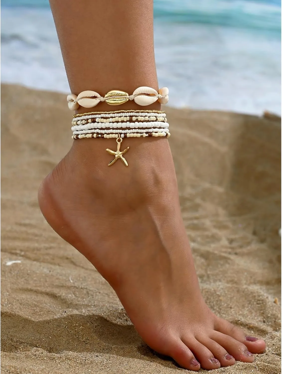 Summer Beach Ankle Bracelets for Women Boho Multilayer Shell Starfish Anklets Bracelets Surfer Heishi Stack Stretch Bracelets Jewelry