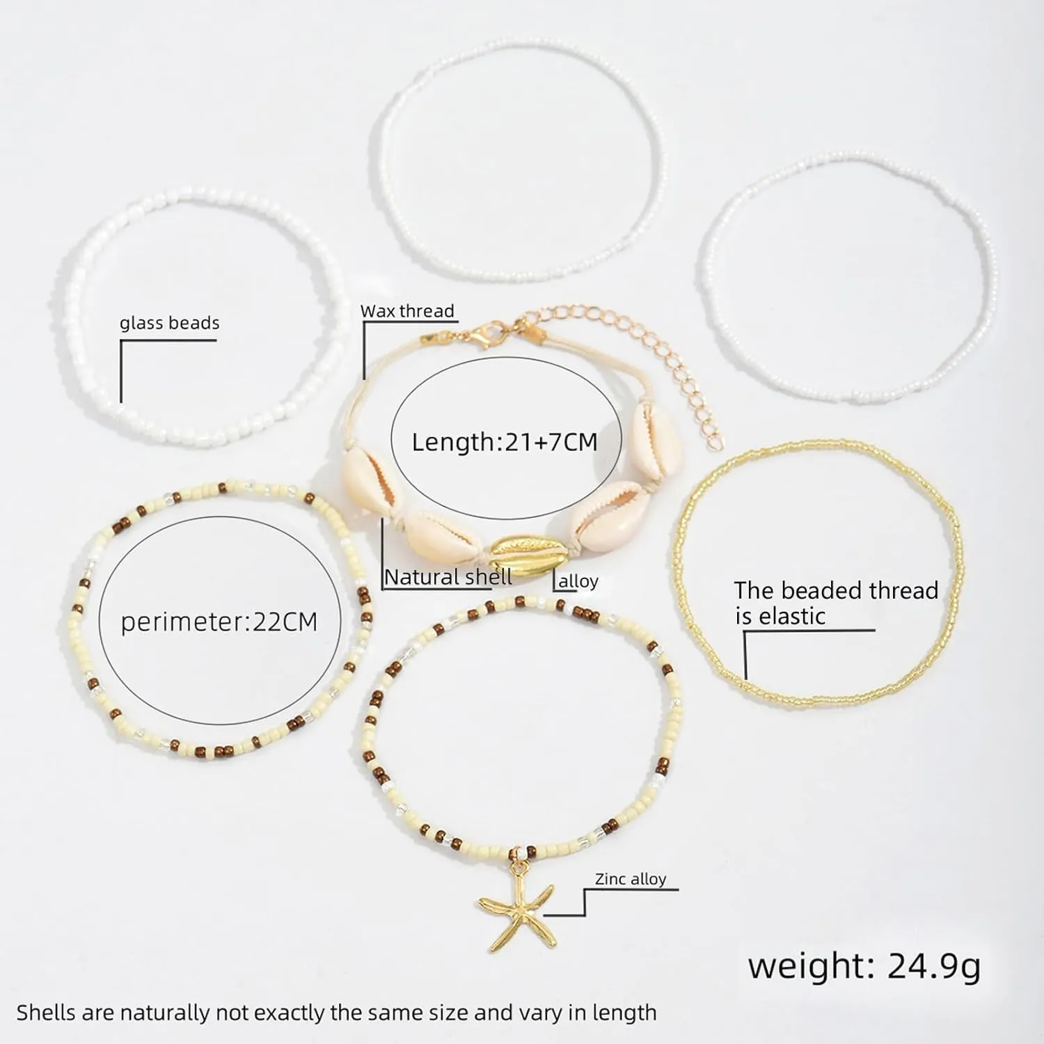 Summer Beach Ankle Bracelets for Women Boho Multilayer Shell Starfish Anklets Bracelets Surfer Heishi Stack Stretch Bracelets Jewelry