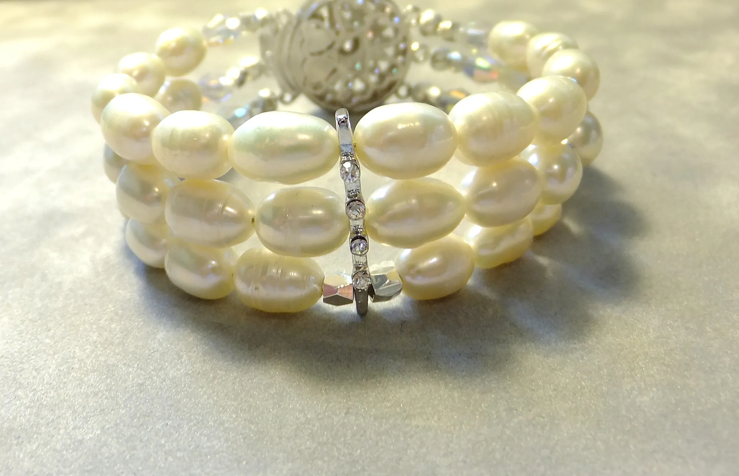 Three Strand White freshwater Pearl and Crystal Cuff Bracelet