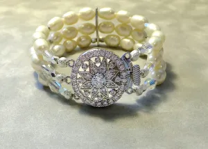 Three Strand White freshwater Pearl and Crystal Cuff Bracelet