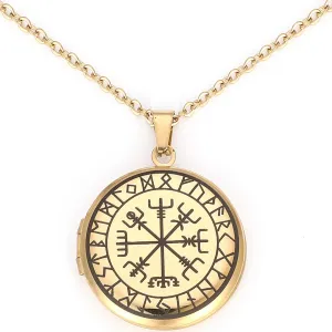 upper Viking necklace Norse Vegvisir -Locket Necklace That Holds Pictures in Stainless Steel, Nordic necklace with Runic Compass