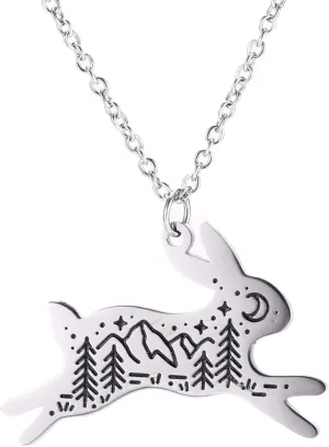 VASSAGO Stainless Steel Rabbit Shape Pendant Necklace Engraved Moon Mountain Star Pattern Animal Bunny Charm Cute Jewelry for Women