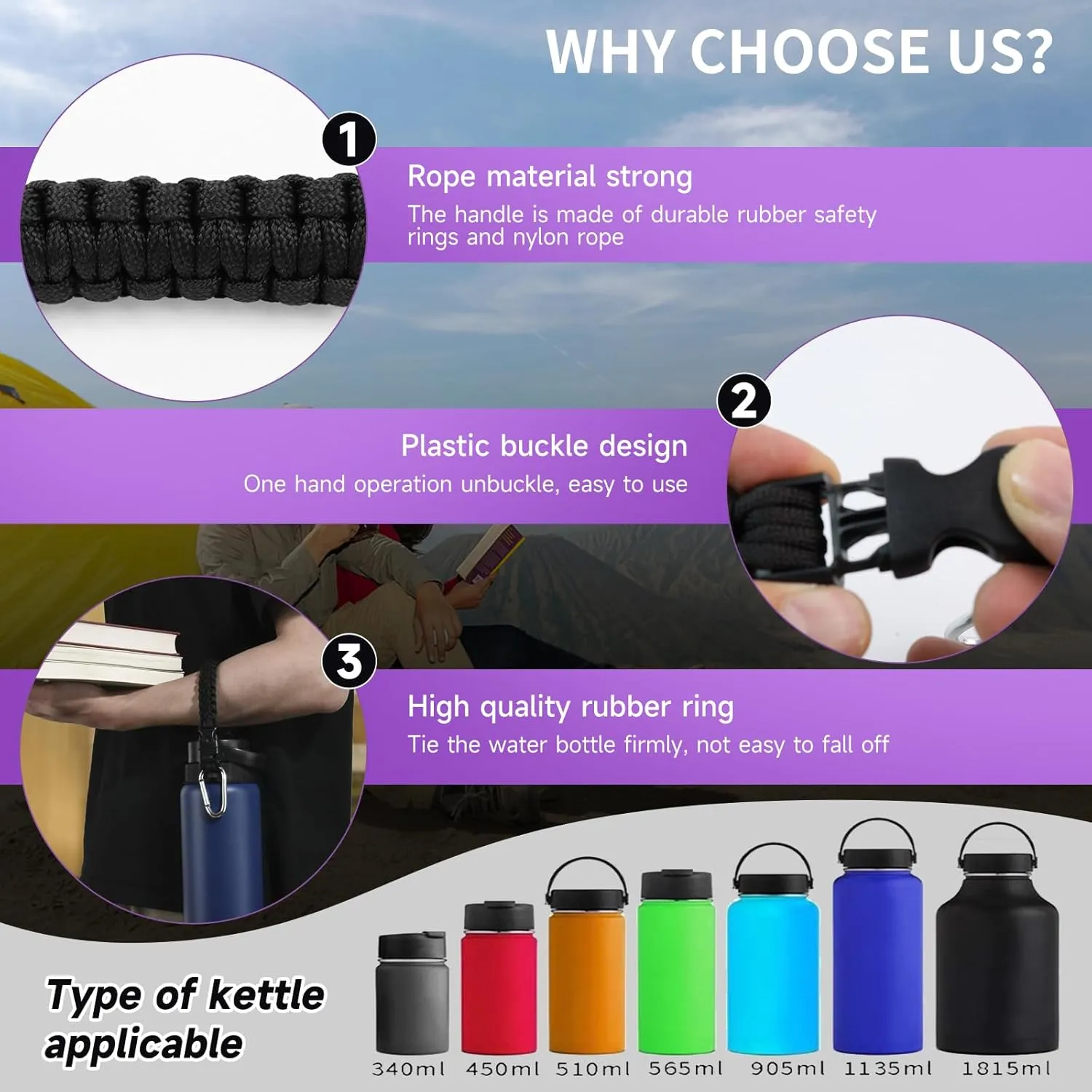 Water Bottle Handle Strap Paracord Handle Strap Cord with Carabiner Fits Wide Mouth Bottles 12oz to 64oz