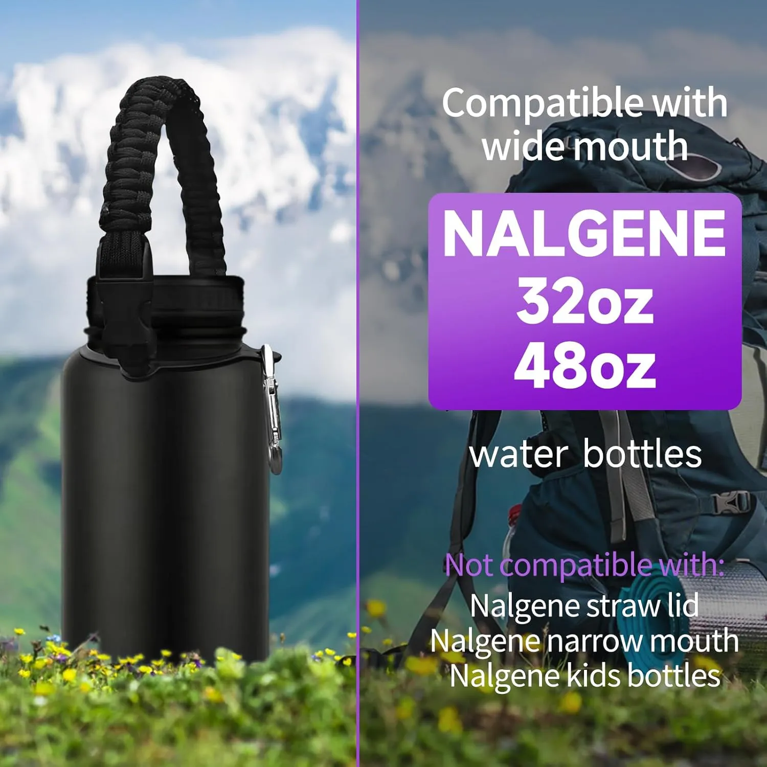 Water Bottle Handle Strap Paracord Handle Strap Cord with Carabiner Fits Wide Mouth Bottles 12oz to 64oz