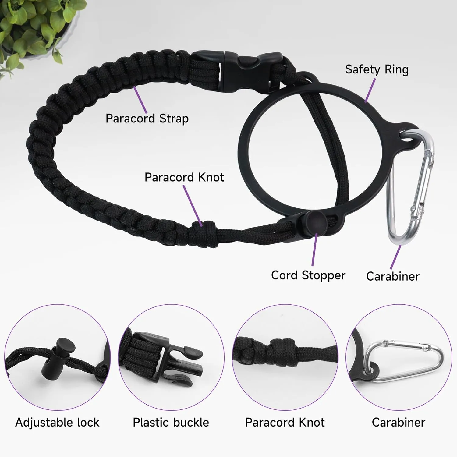 Water Bottle Handle Strap Paracord Handle Strap Cord with Carabiner Fits Wide Mouth Bottles 12oz to 64oz