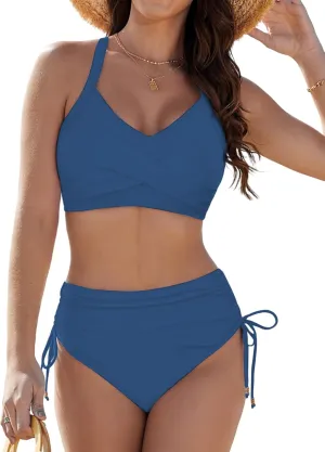 Womens Two Piece High Waisted Bikini Sets Crisscross Tie Back Bathing Suit Drawstring Tummy Control Swimsuits