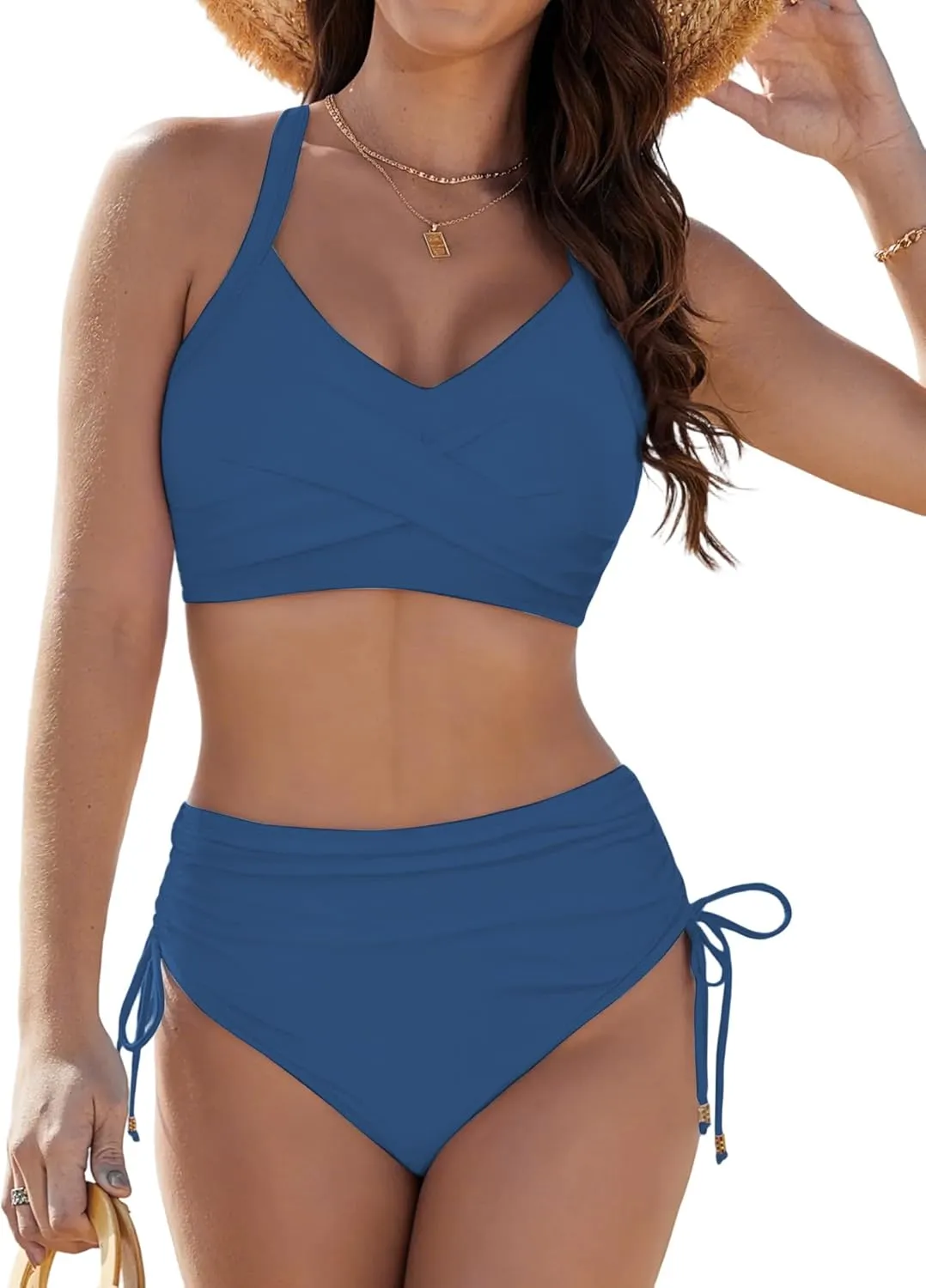 Womens Two Piece High Waisted Bikini Sets Crisscross Tie Back Bathing Suit Drawstring Tummy Control Swimsuits